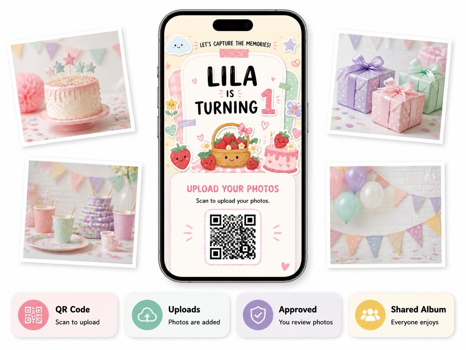 The shared photo gallery that comes with the Pastel Strawberry Picnic 1st Birthday Invitation invitation