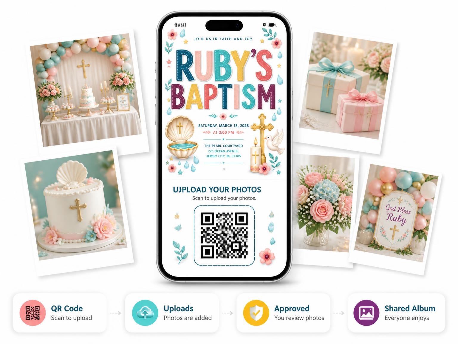 The shared photo gallery that comes with the Golden Crucifix Baptism Invitation invitation