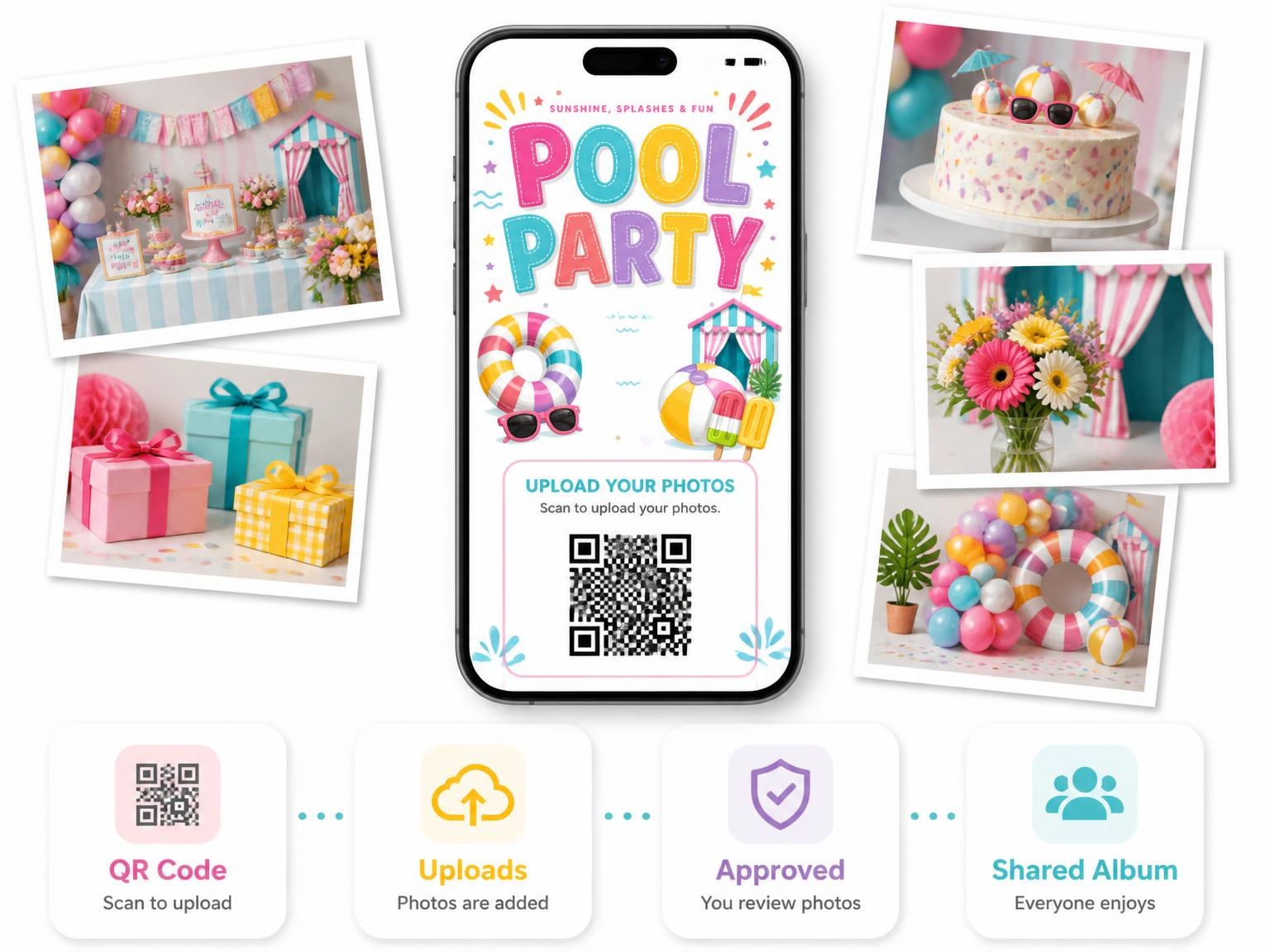 The shared photo gallery that comes with the Striped Swim Pool Party Invitation invitation