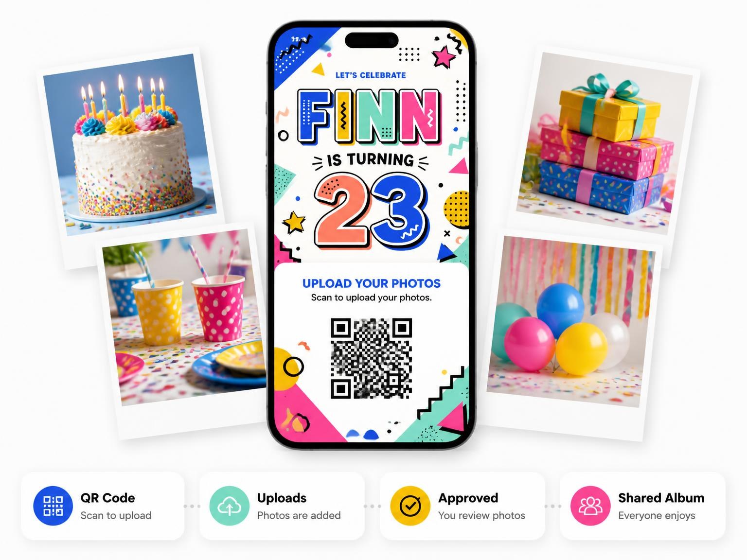 The shared photo gallery that comes with the Memphis Pop 23rd Birthday Invitation invitation