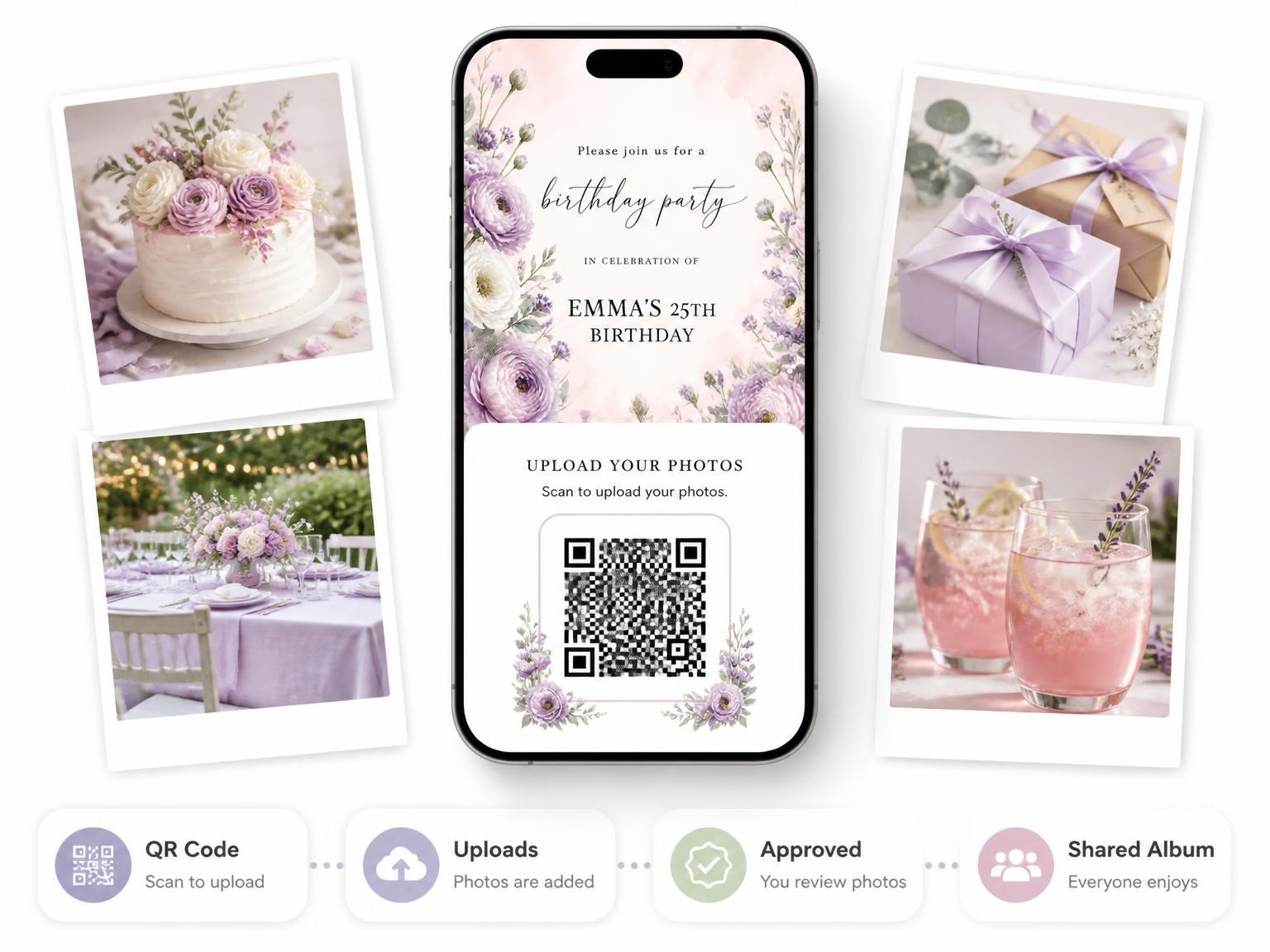 The shared photo gallery that comes with the Botanical Bouquet Lavender 25th Birthday Invitation invitation