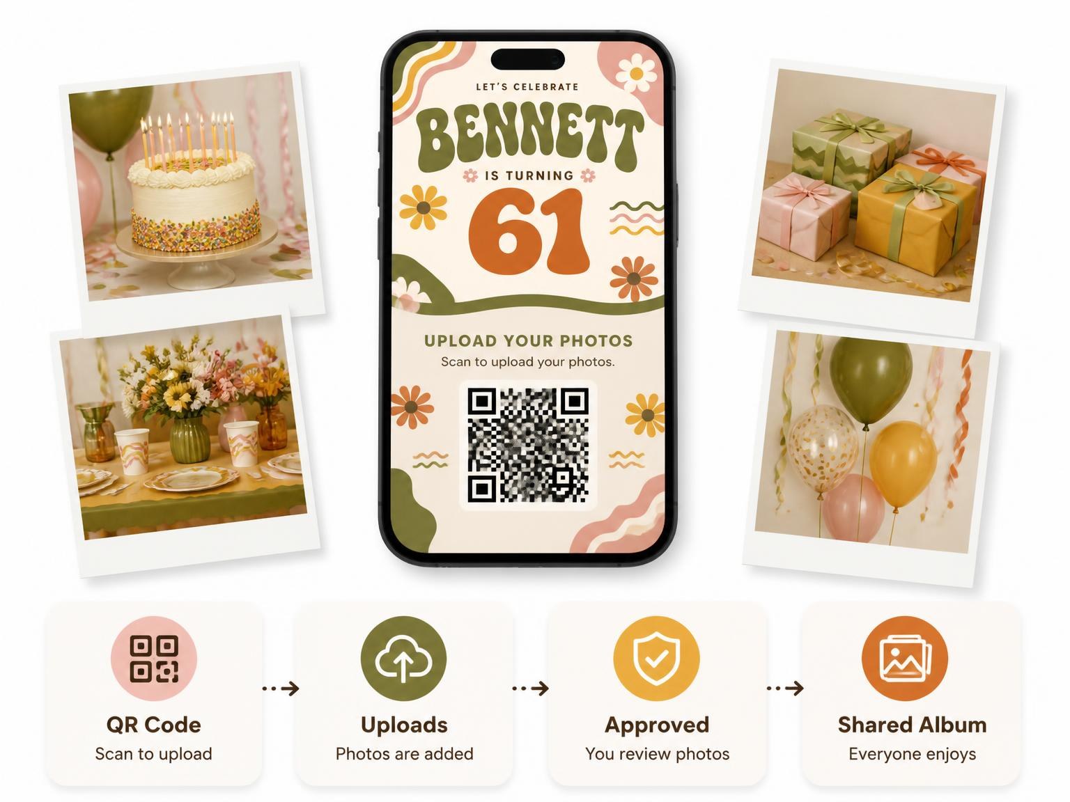 The shared photo gallery that comes with the Groovy Retro 61st Birthday Invitation invitation