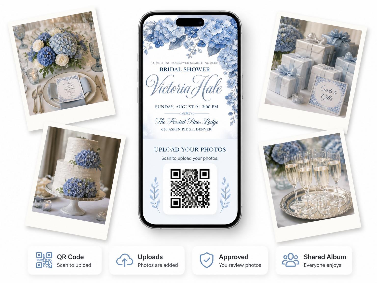 The shared photo gallery that comes with the Blue Hydrangea Silver Bridal Shower invitation