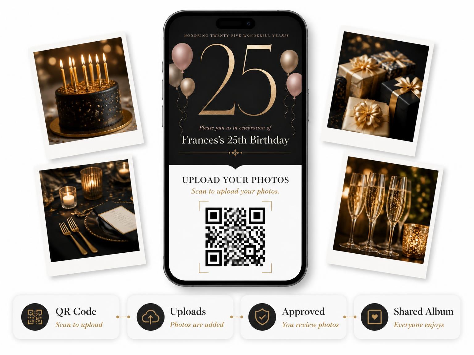 The shared photo gallery that comes with the Charcoal and Blush 25th Birthday Invitation invitation