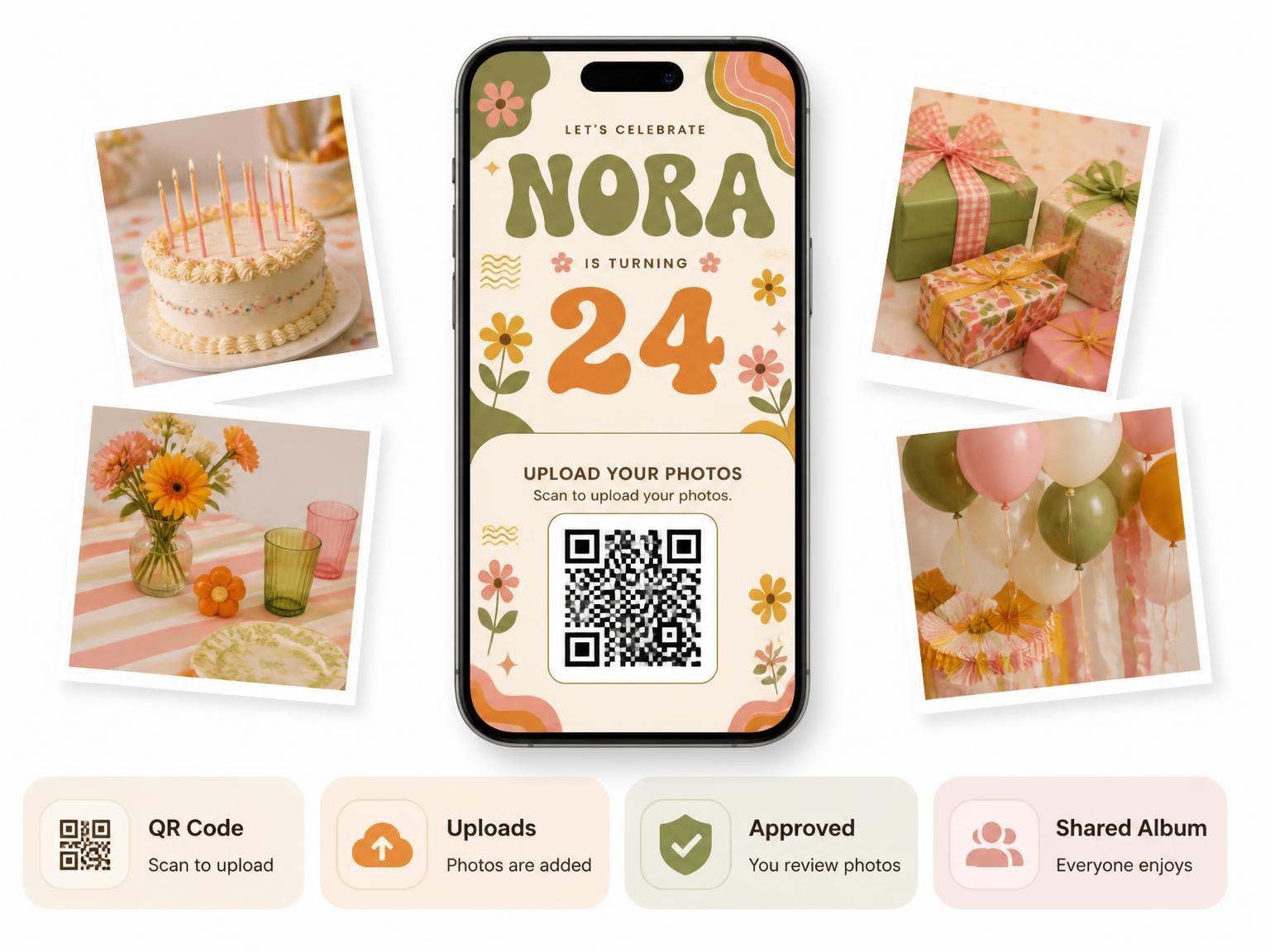 The shared photo gallery that comes with the Groovy Retro 24th Birthday Invitation invitation