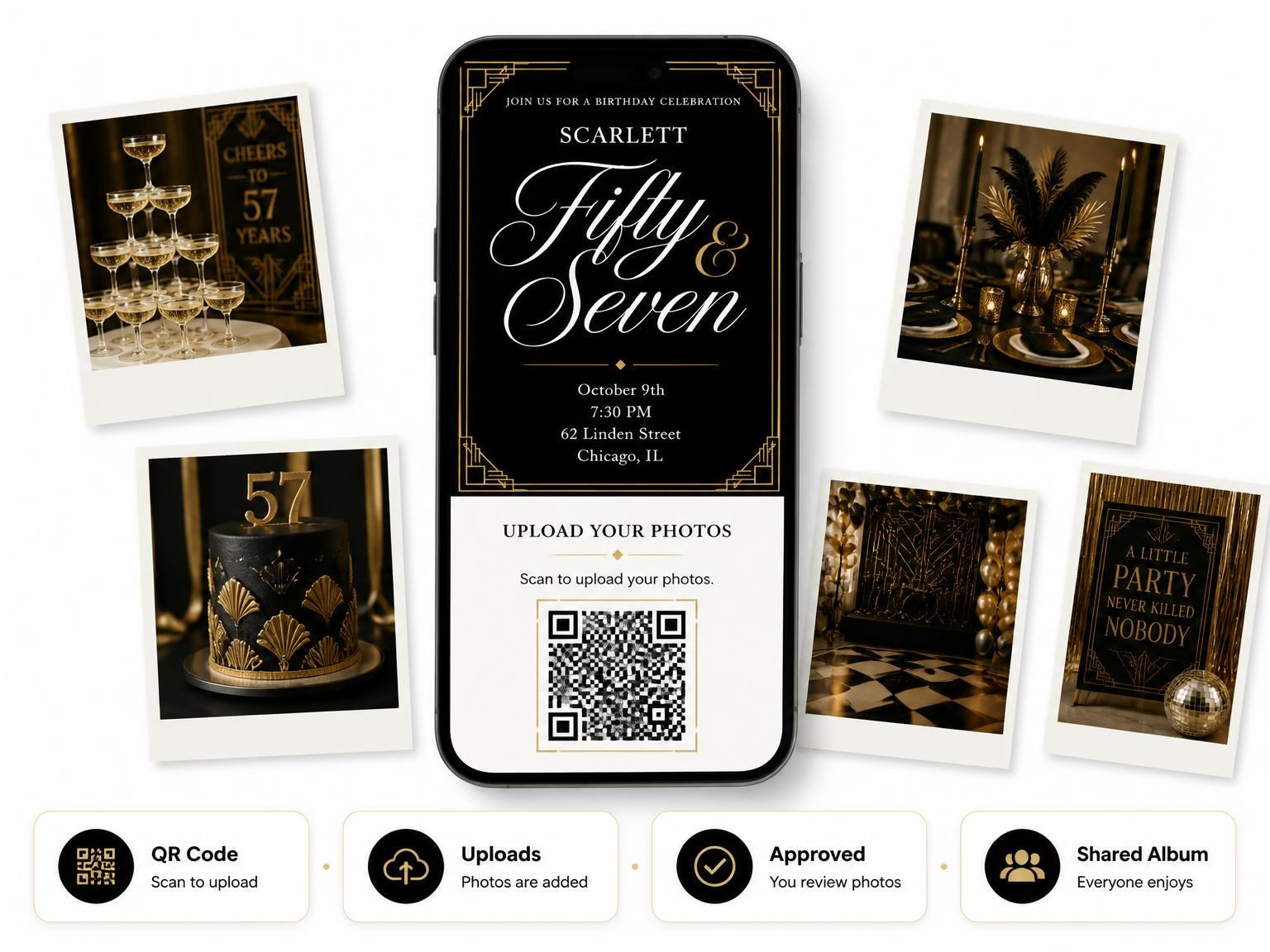 The shared photo gallery that comes with the Art Deco 57th Birthday Invitation invitation