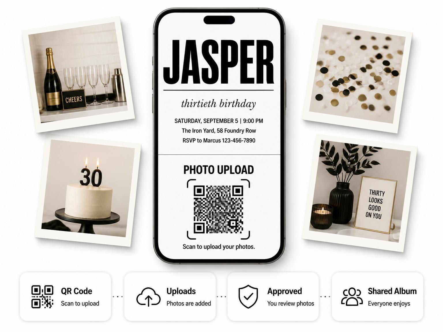 The shared photo gallery that comes with the Cream Black Typographic Birthday Invitation invitation