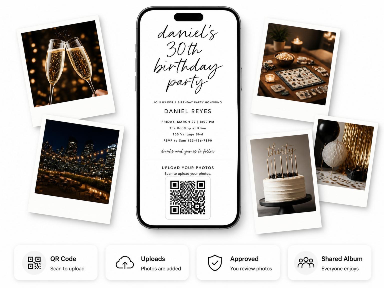 The shared photo gallery that comes with the Minimalist Black and White 30th Birthday invitation