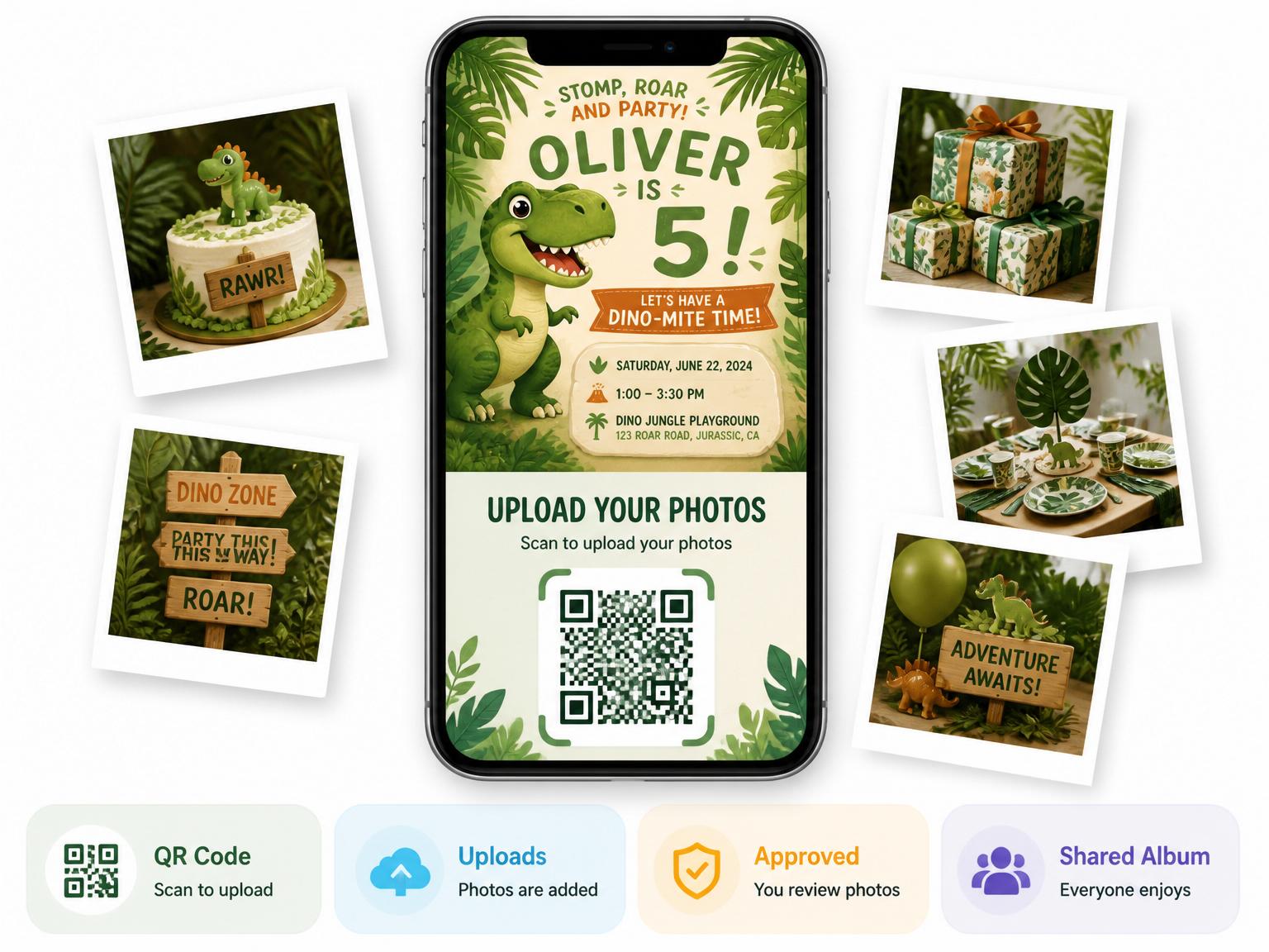 The shared photo gallery that comes with the Dino Stomp Jungle Birthday Celebration invitation