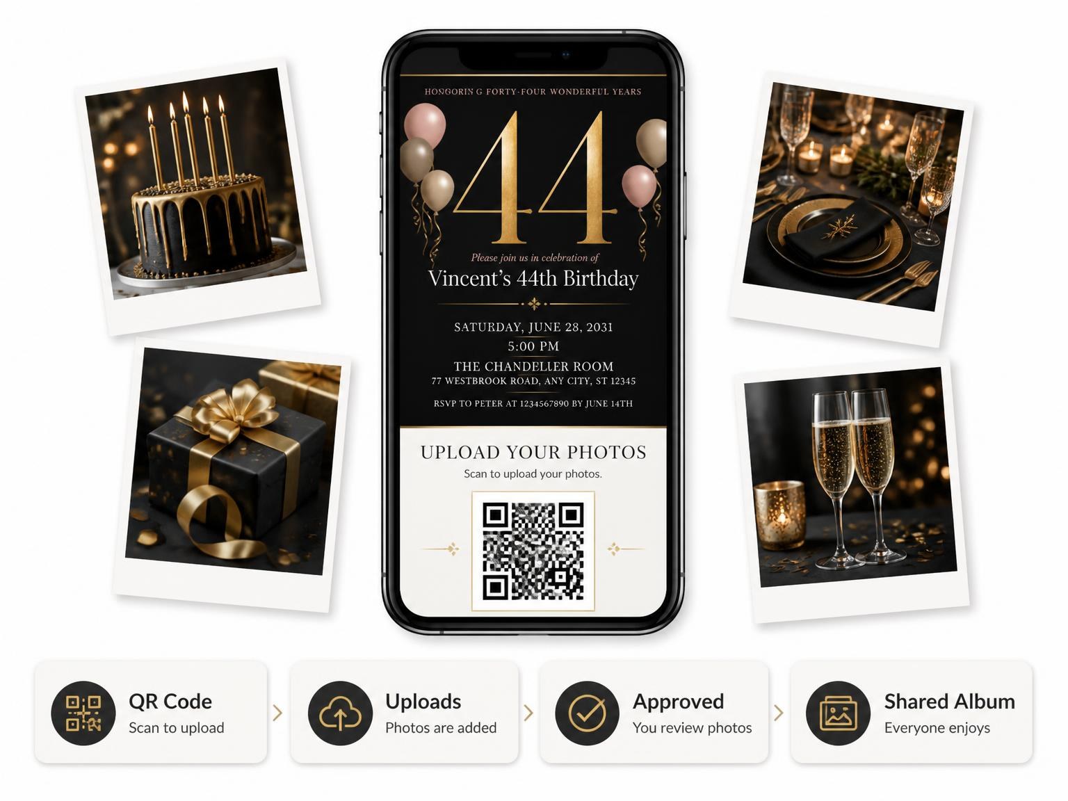 The shared photo gallery that comes with the Charcoal and Blush 44th Birthday Invitation invitation
