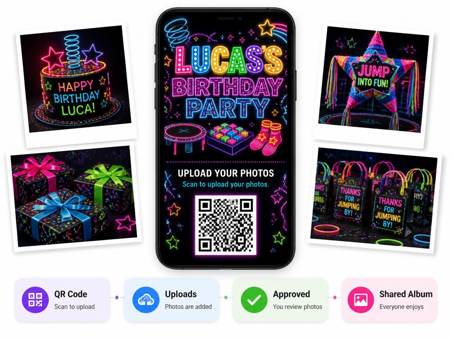 The shared photo gallery that comes with the Neon Trampoline 16th Birthday Invitation invitation