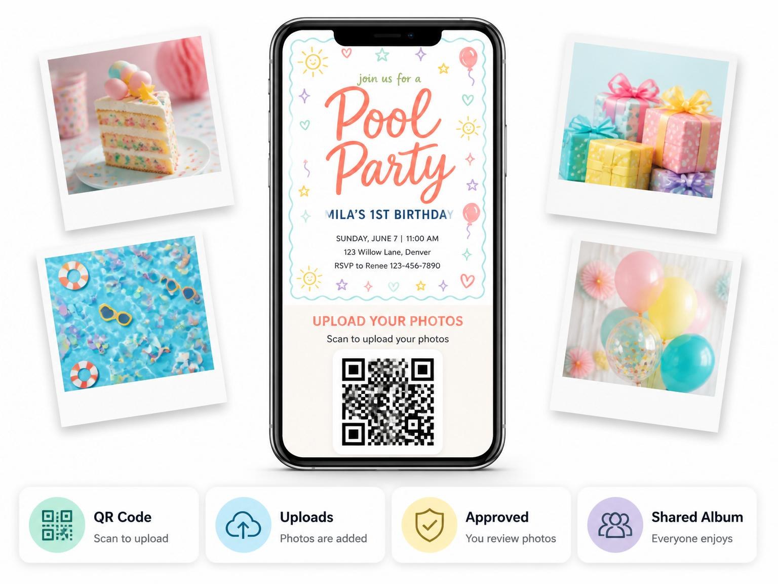 The shared photo gallery that comes with the Pastel Hand-Drawn Icon 1st Birthday Invitation invitation