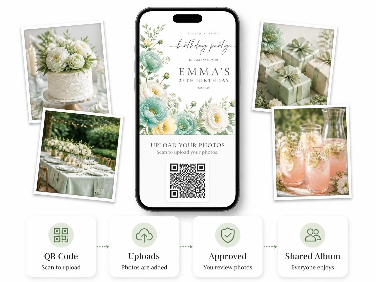 The shared photo gallery that comes with the Botanical Garden Mint 25th Birthday Invitation invitation
