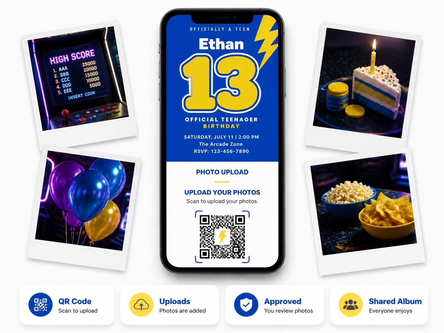 The shared photo gallery that comes with the Blue Yellow Lightning 13th Birthday invitation