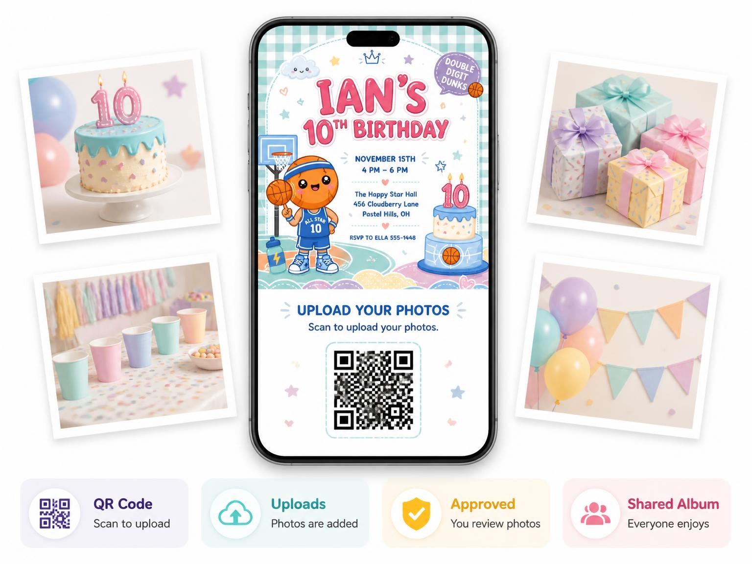 The shared photo gallery that comes with the Kawaii Basketball 10th Birthday Invitation invitation