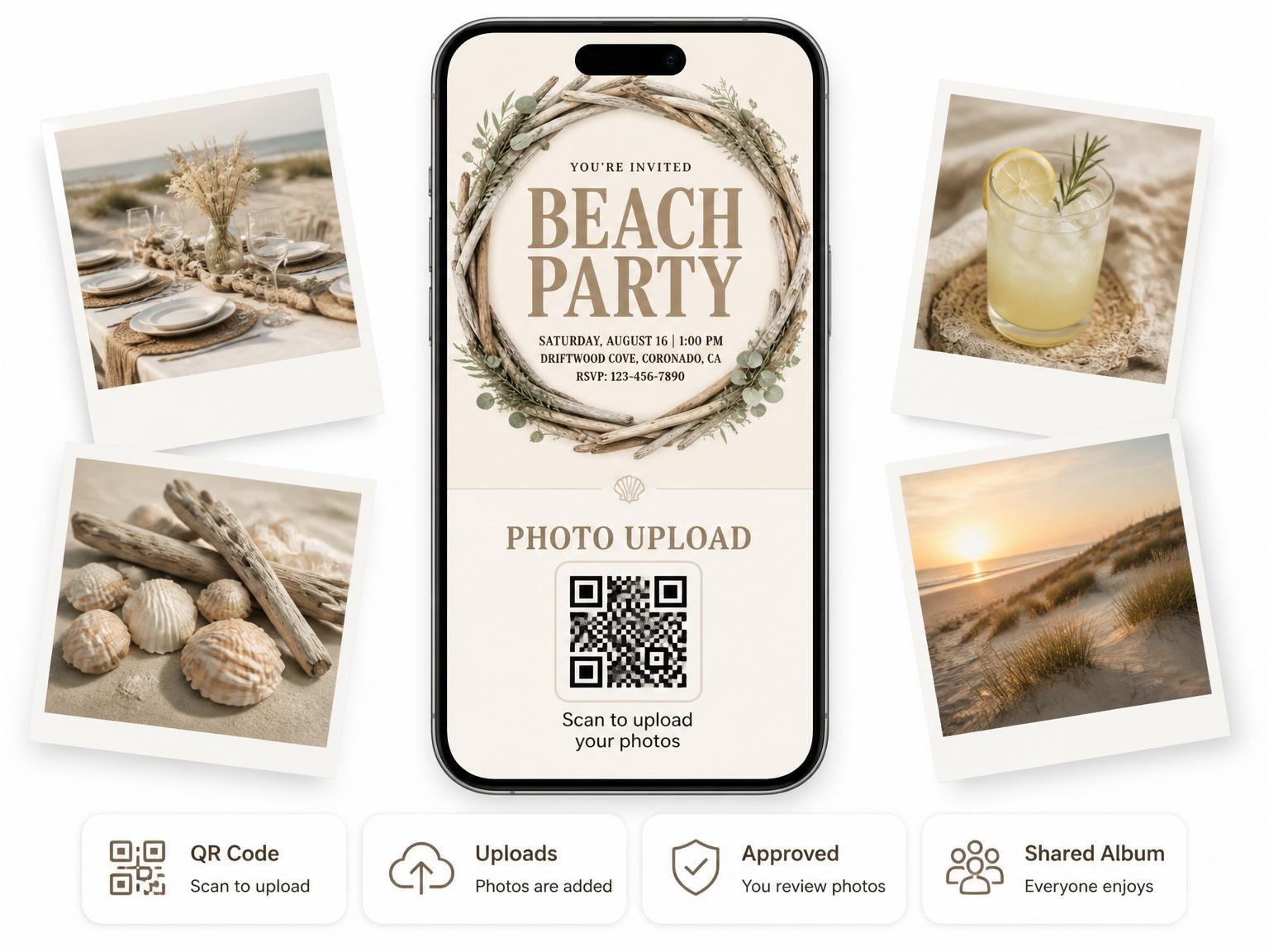 The shared photo gallery that comes with the Driftwood Eucalyptus Wreath Beach Party invitation