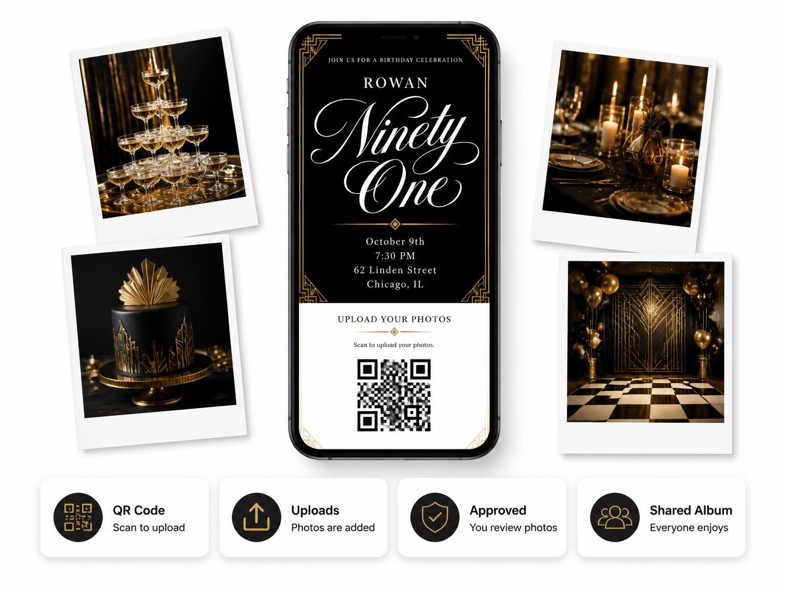The shared photo gallery that comes with the Art Deco 91st Birthday Invitation invitation