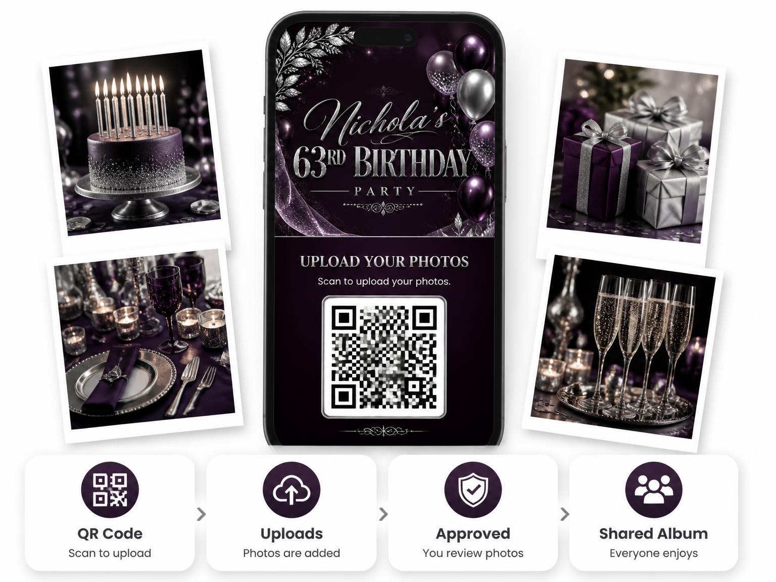 The shared photo gallery that comes with the Plum and Silver 63rd Birthday Invitation invitation