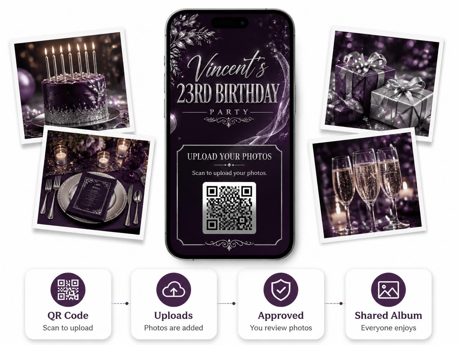 The shared photo gallery that comes with the Plum and Silver 23rd Birthday Invitation invitation