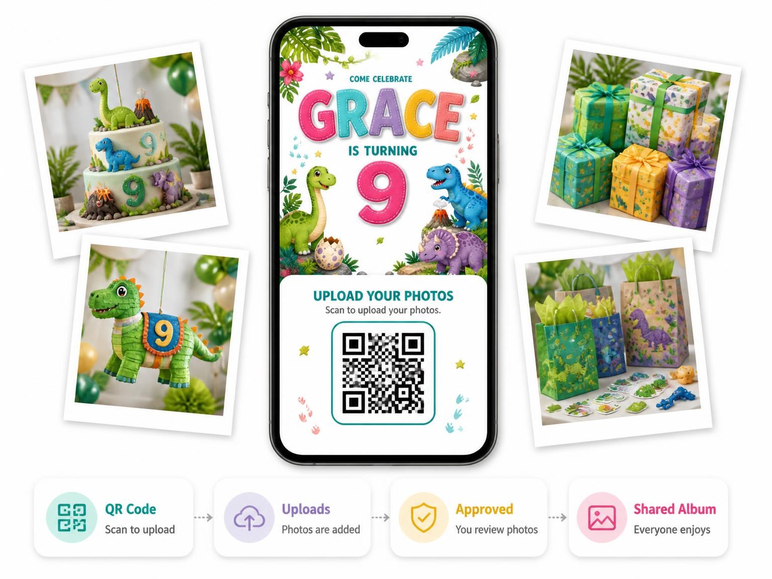 The shared photo gallery that comes with the Stitched Dinosaur 9th Birthday Invitation invitation