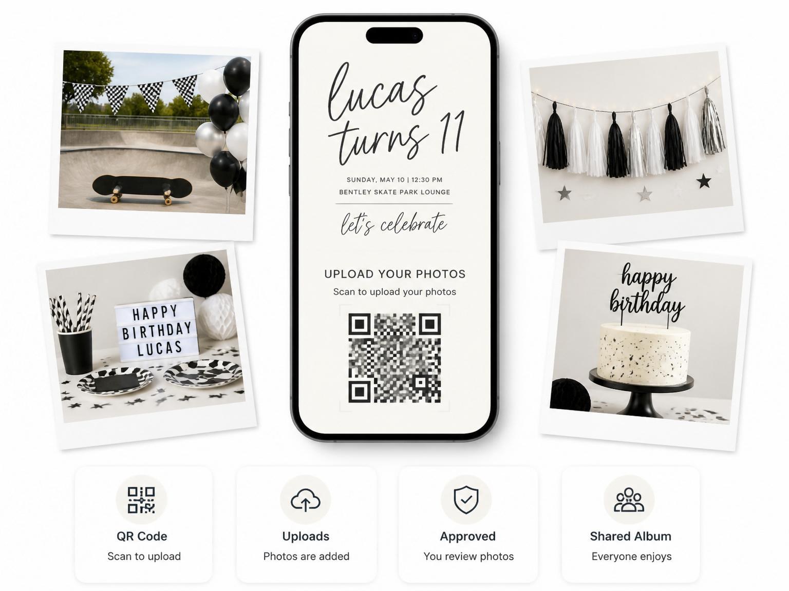 The shared photo gallery that comes with the Charcoal Script Minimalist 11th Birthday Invitation invitation