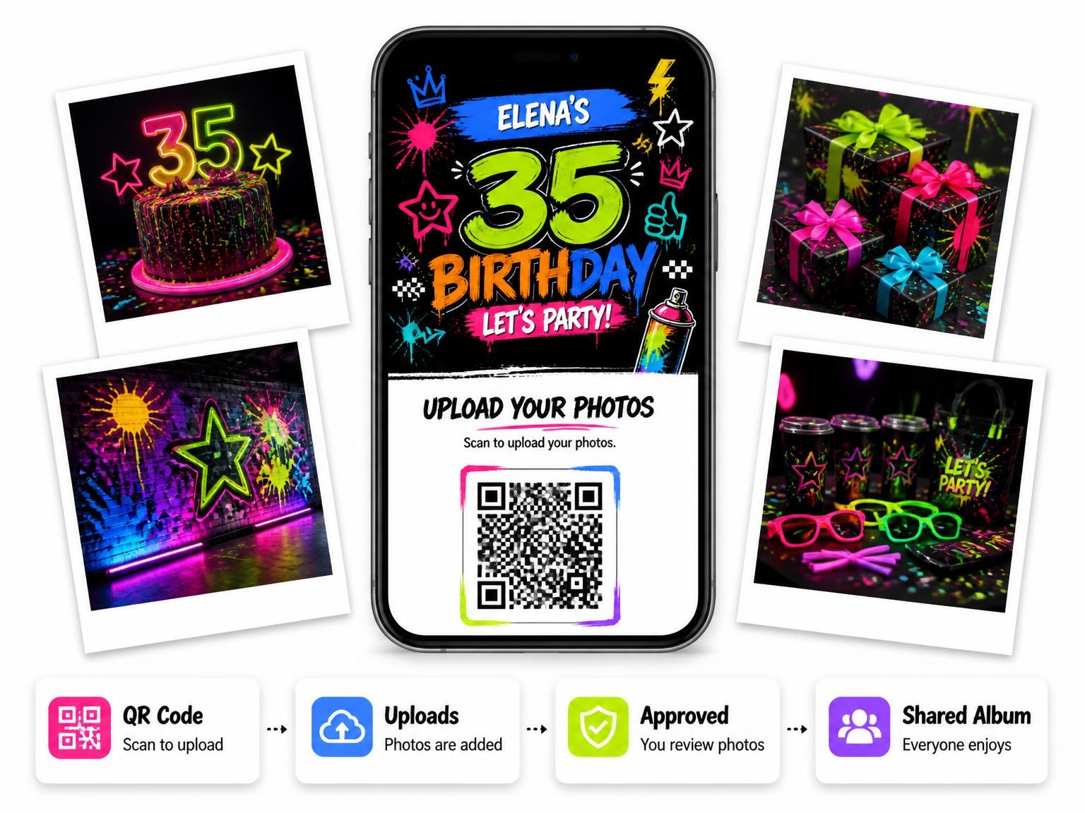 The shared photo gallery that comes with the Graffiti Street Art 35th Birthday Invitation invitation