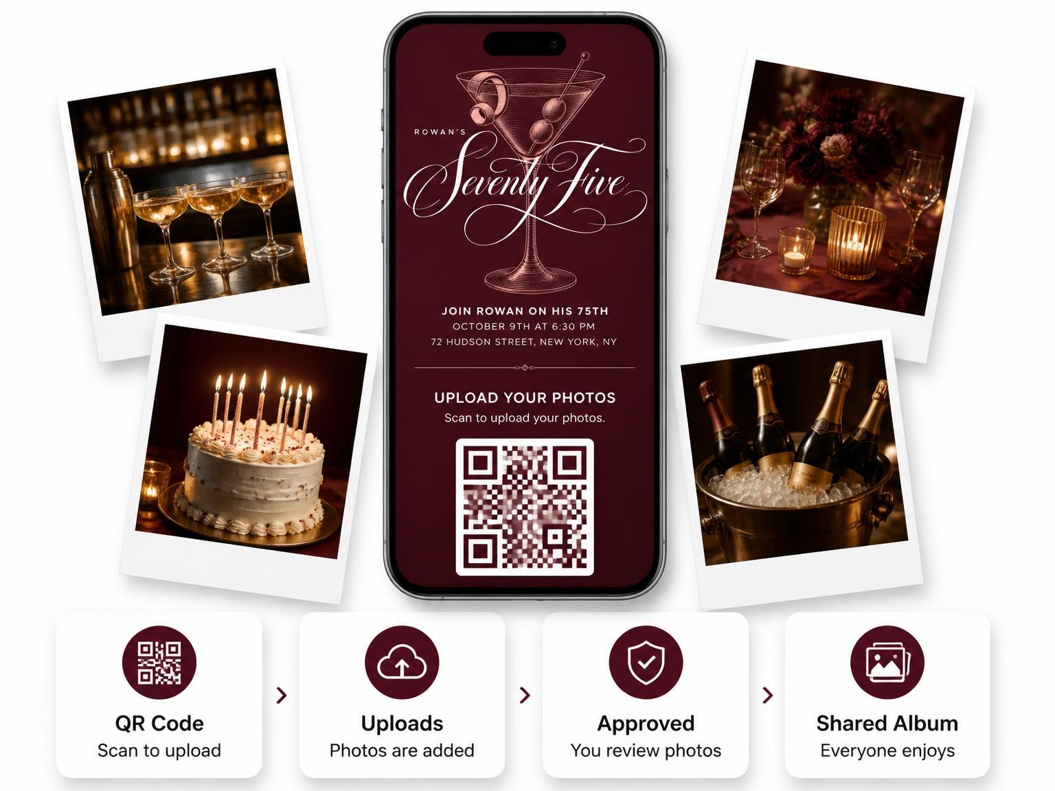 The shared photo gallery that comes with the Burgundy Cocktail 75th Birthday Invitation invitation