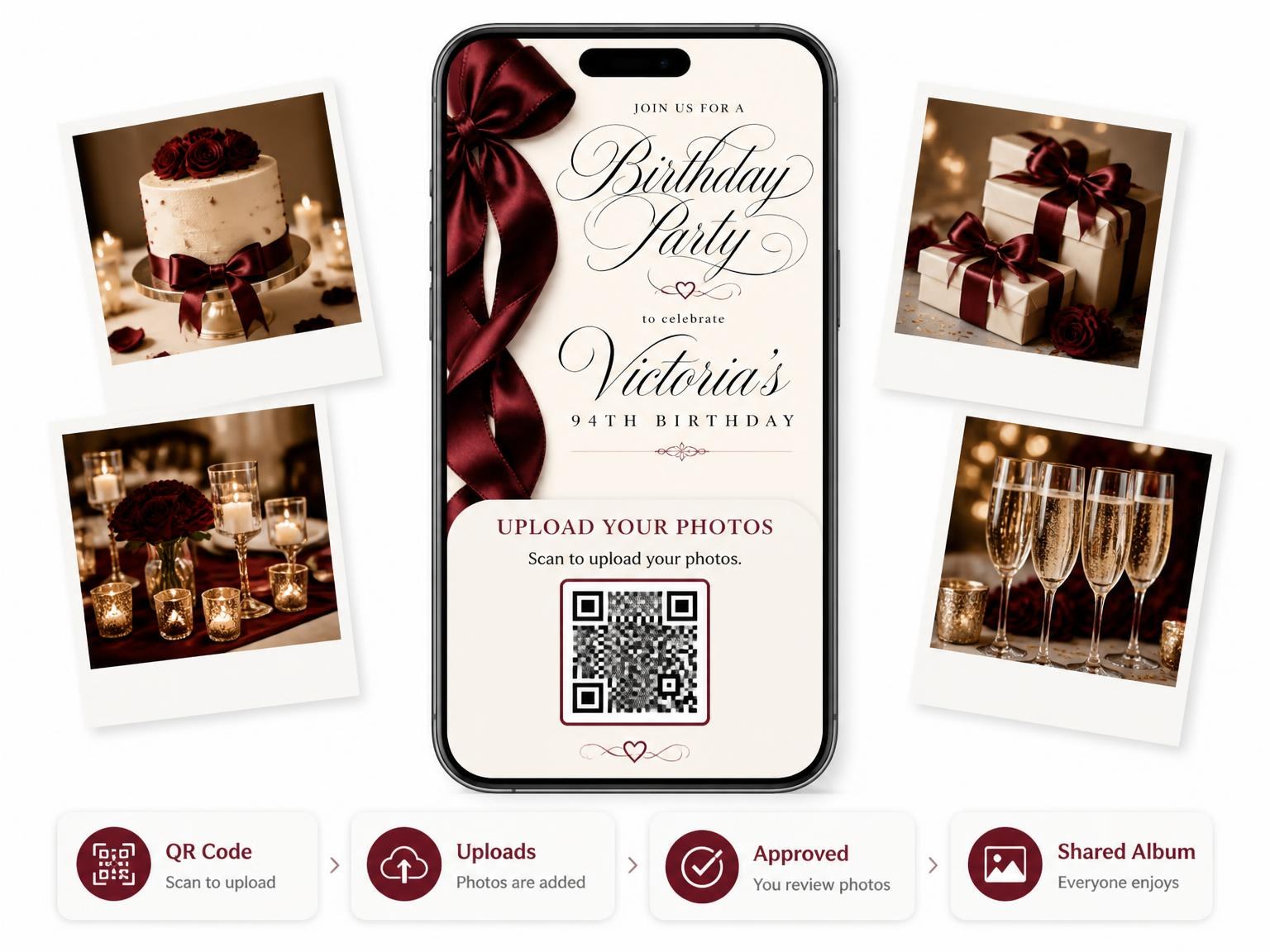 The shared photo gallery that comes with the Burgundy Satin Bow 94th Birthday Invitation invitation