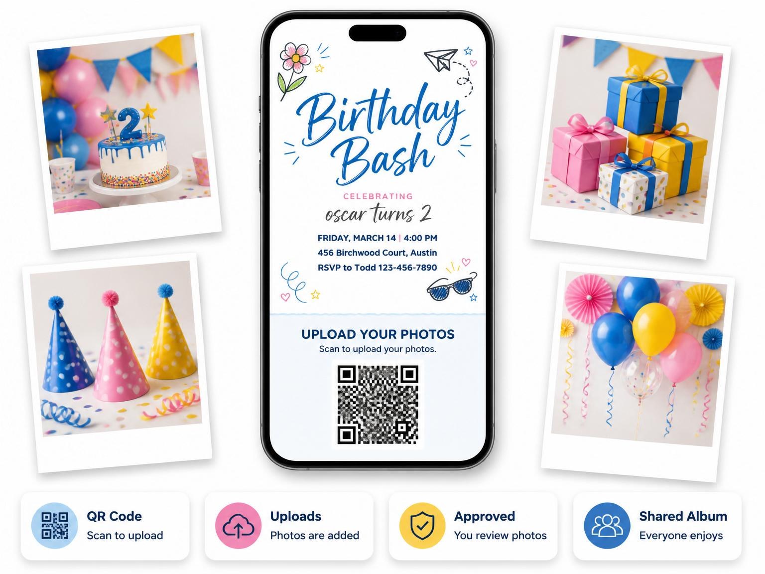 The shared photo gallery that comes with the Primary Color Doodle 2nd Birthday Invitation invitation