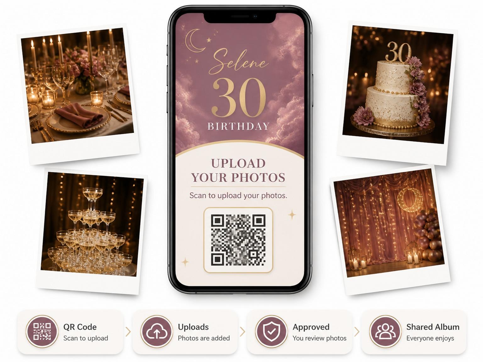 The shared photo gallery that comes with the Dusty Rose Gold Moon 30th Birthday invitation