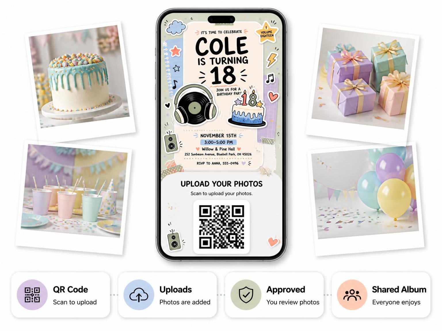 The shared photo gallery that comes with the Vinyl Record Pastel 18th Birthday Invitation invitation
