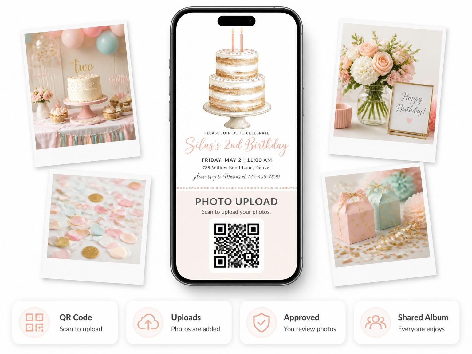 The shared photo gallery that comes with the Watercolor Naked Cake 2nd Birthday Invitation invitation