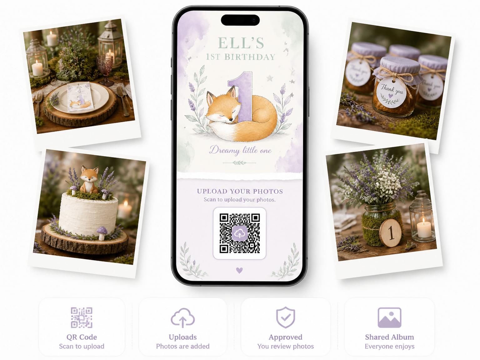 The shared photo gallery that comes with the Dreamy Woodland Fox 1st Birthday invitation