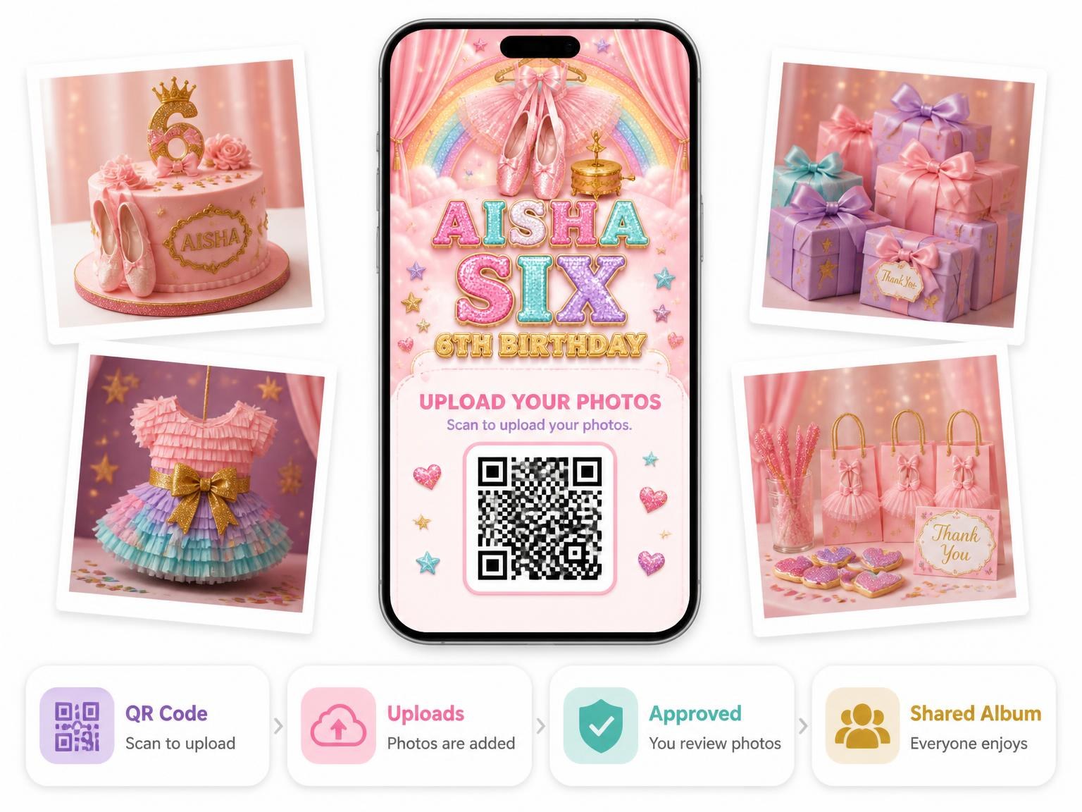 The shared photo gallery that comes with the Glitter Ballet 6th Birthday Invitation invitation