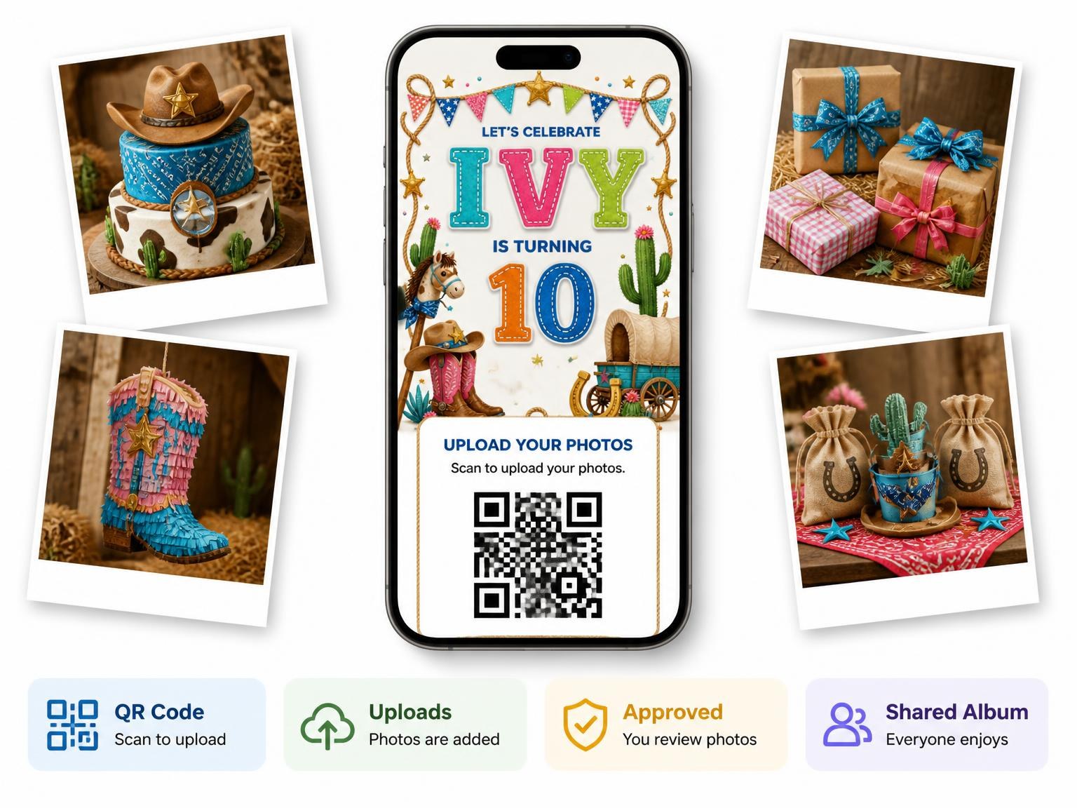 The shared photo gallery that comes with the Stitched Cowboy 10th Birthday Invitation invitation