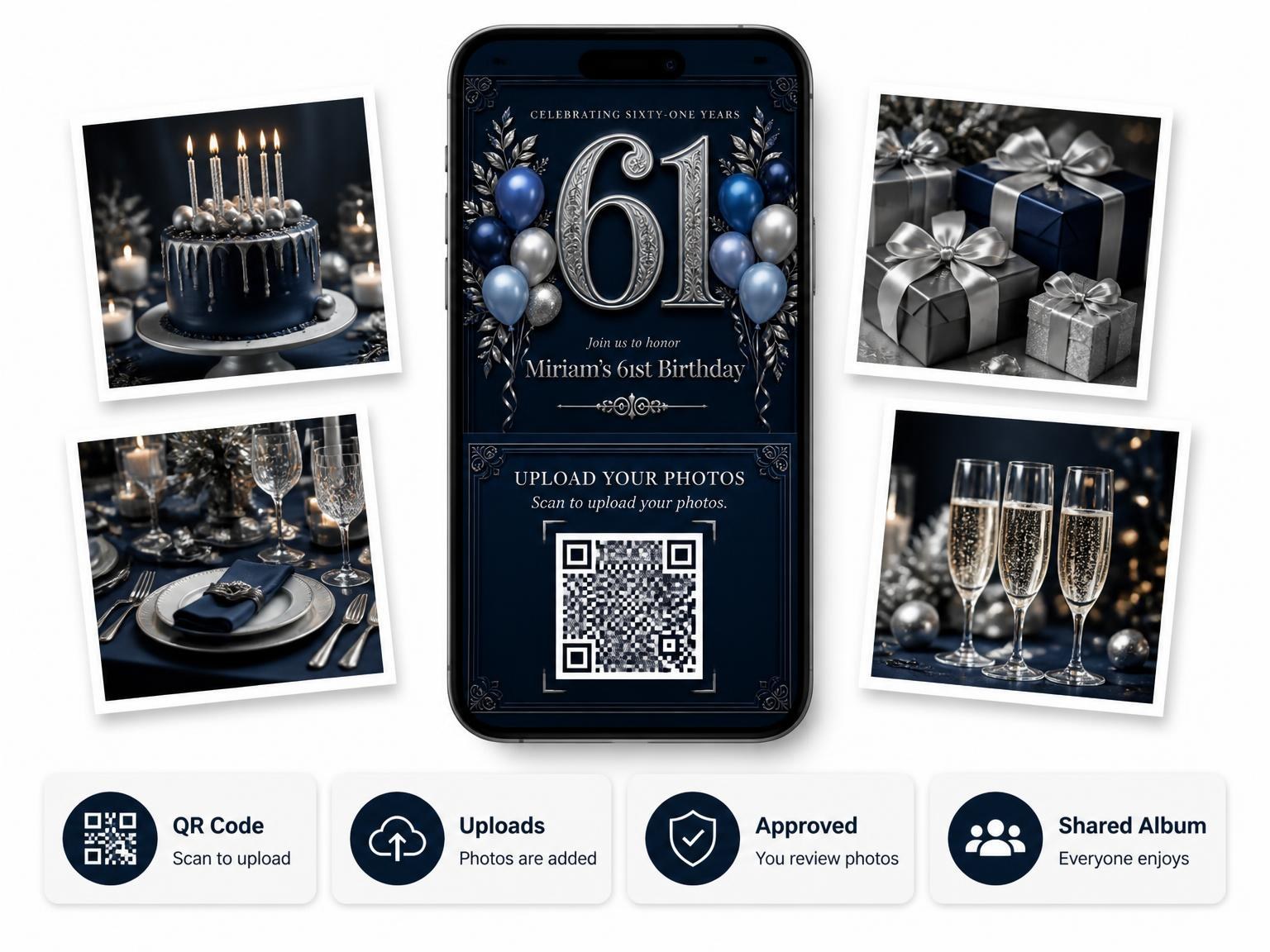 The shared photo gallery that comes with the Navy and Silver 61st Birthday Invitation invitation