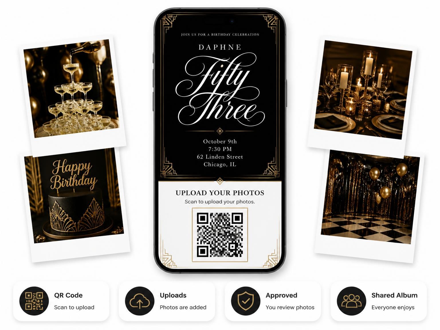 The shared photo gallery that comes with the Art Deco 53rd Birthday Invitation invitation