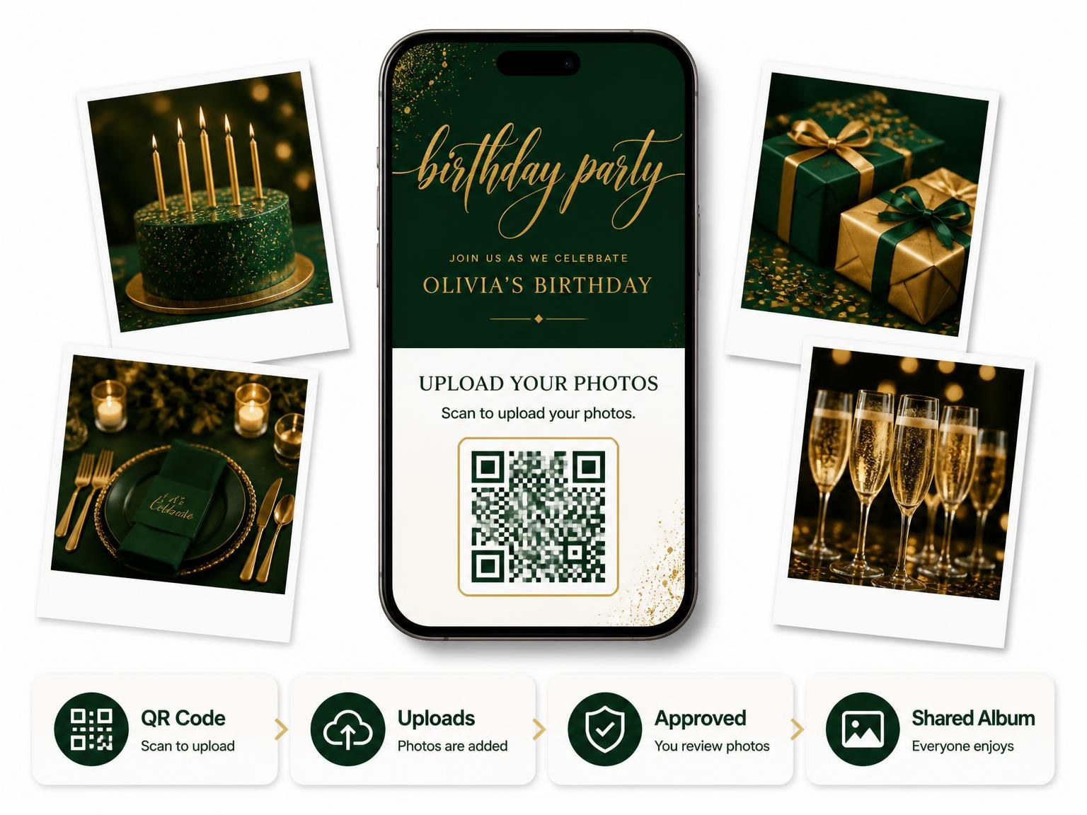 The shared photo gallery that comes with the Forest Green and Gold Birthday Invitation invitation