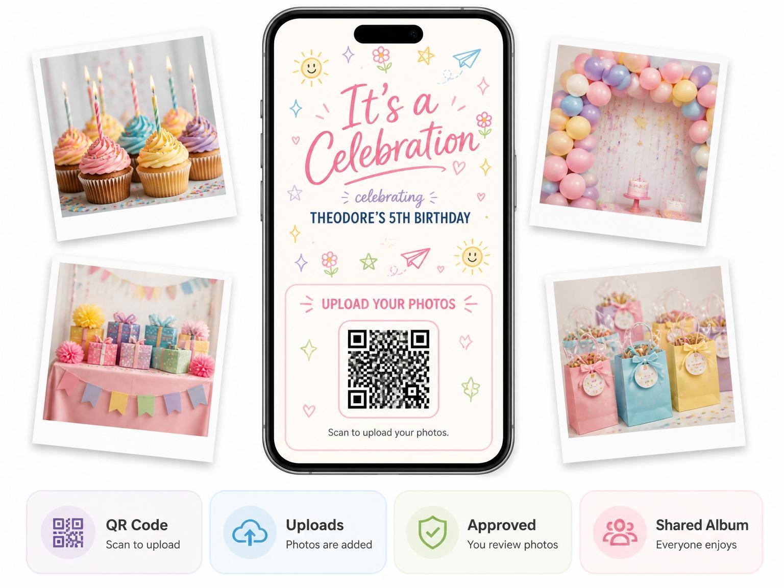 The shared photo gallery that comes with the Colorful Doodle Scalloped 5th Birthday Invitation invitation