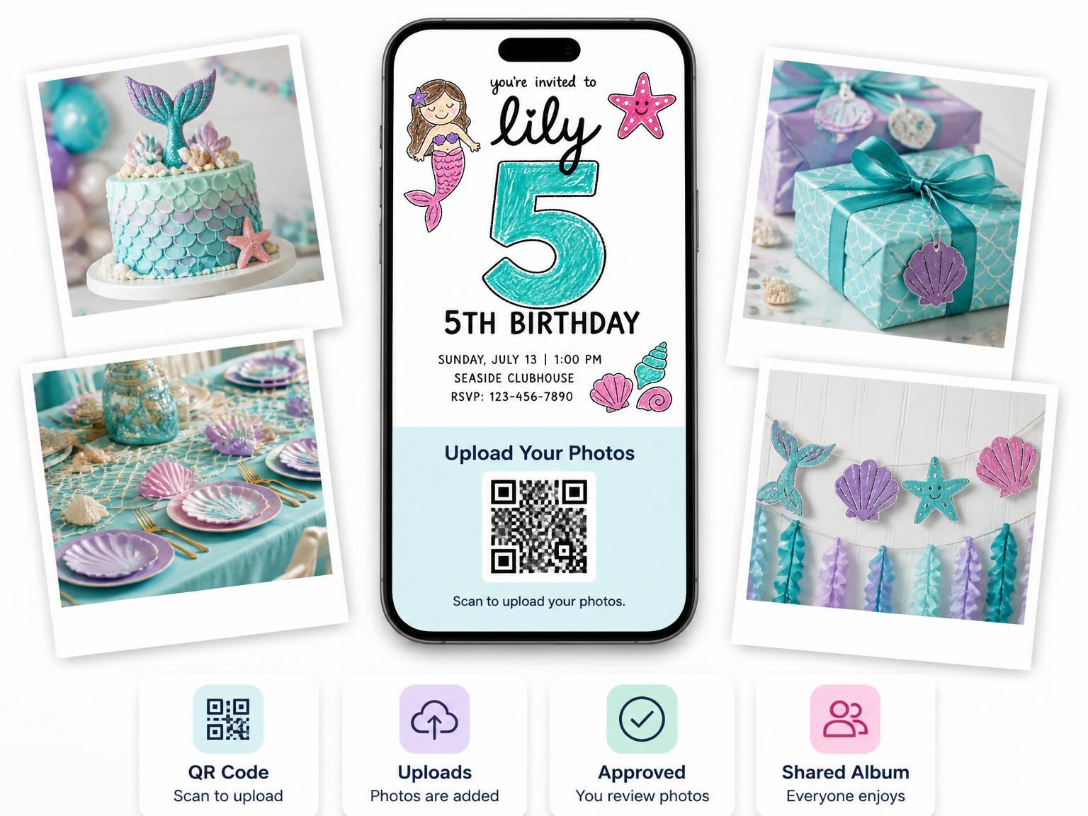 The shared photo gallery that comes with the Crayon Mermaid Sea Creature 5th Birthday invitation