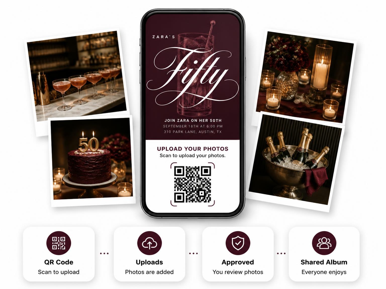 The shared photo gallery that comes with the Burgundy Cocktail 50th Birthday Invitation invitation