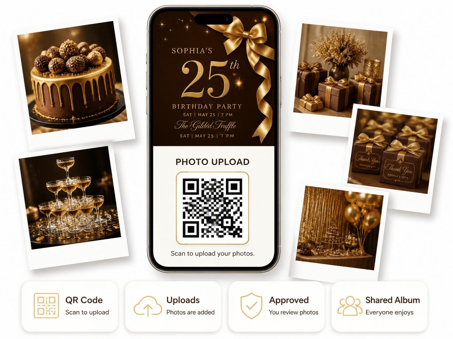 The shared photo gallery that comes with the Gold Ribbon Dark Chocolate 25th Birthday invitation