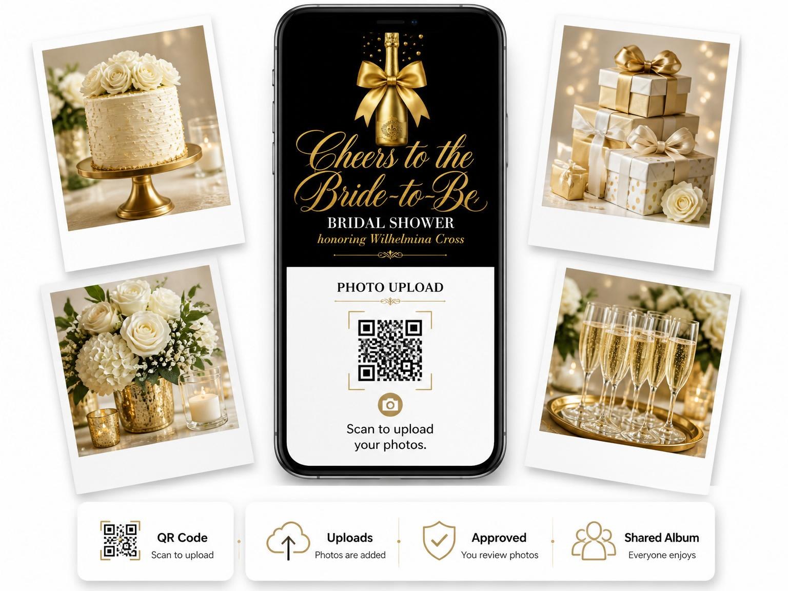 The shared photo gallery that comes with the Gold Champagne Bottle Bridal Shower invitation