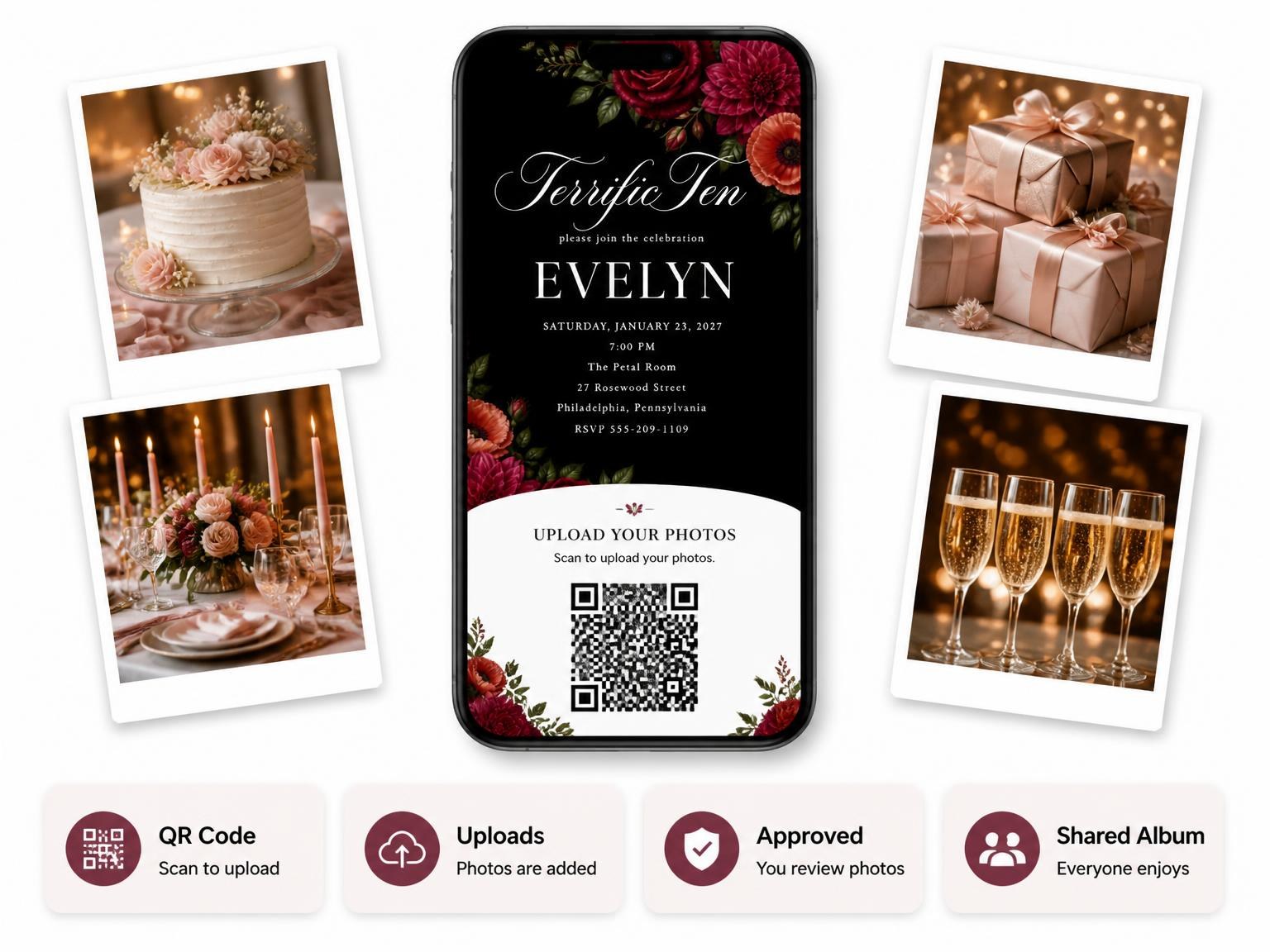 The shared photo gallery that comes with the Black Floral 10th Birthday Invitation invitation