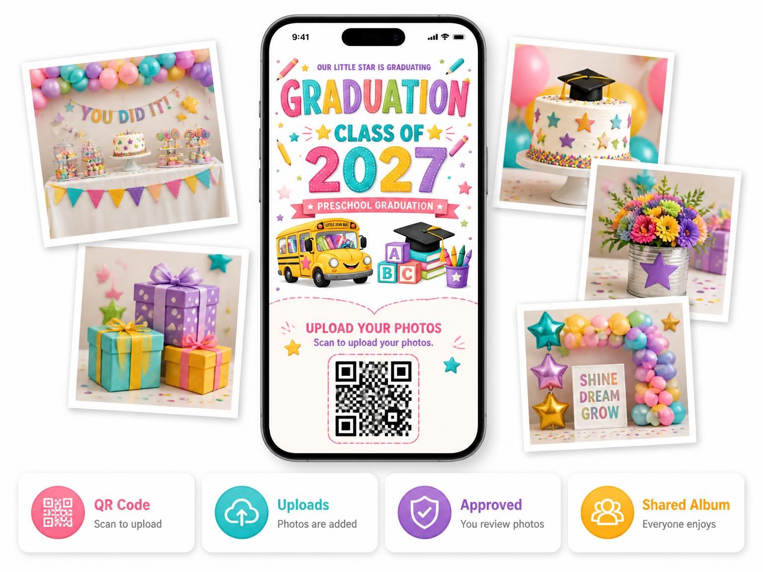 The shared photo gallery that comes with the Smiling School Bus Preschool Graduation Invitation invitation