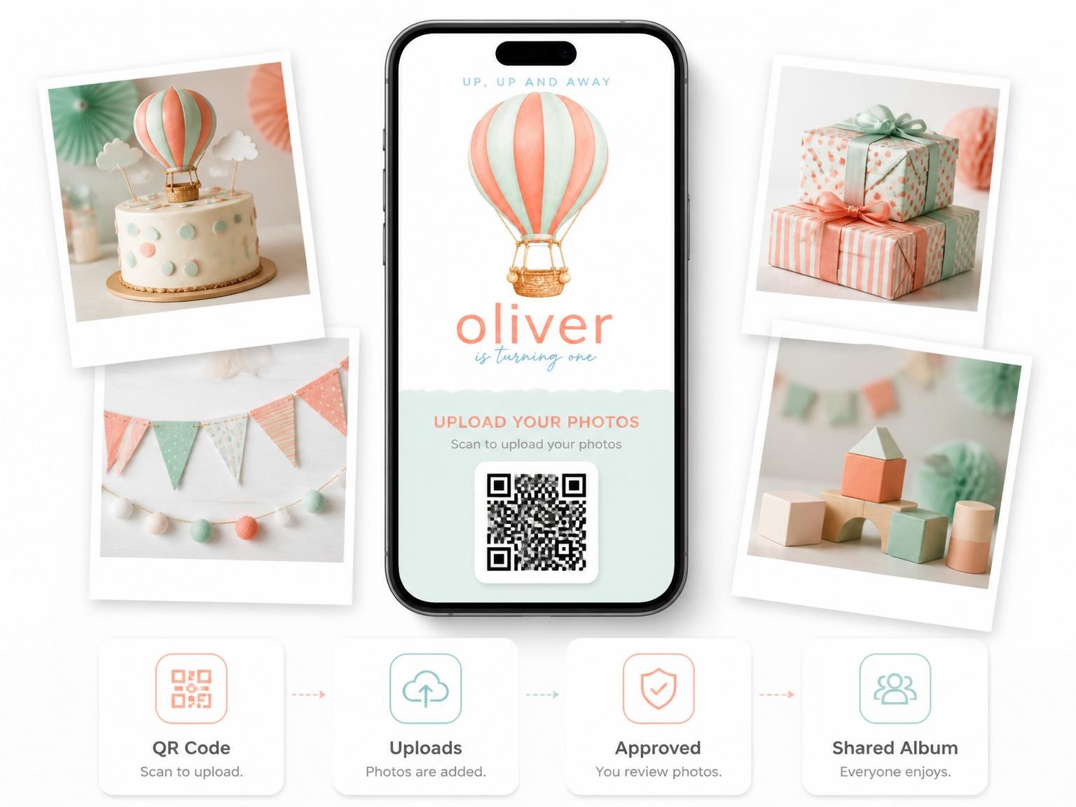The shared photo gallery that comes with the Peach and Mint Balloon 1st Birthday invitation