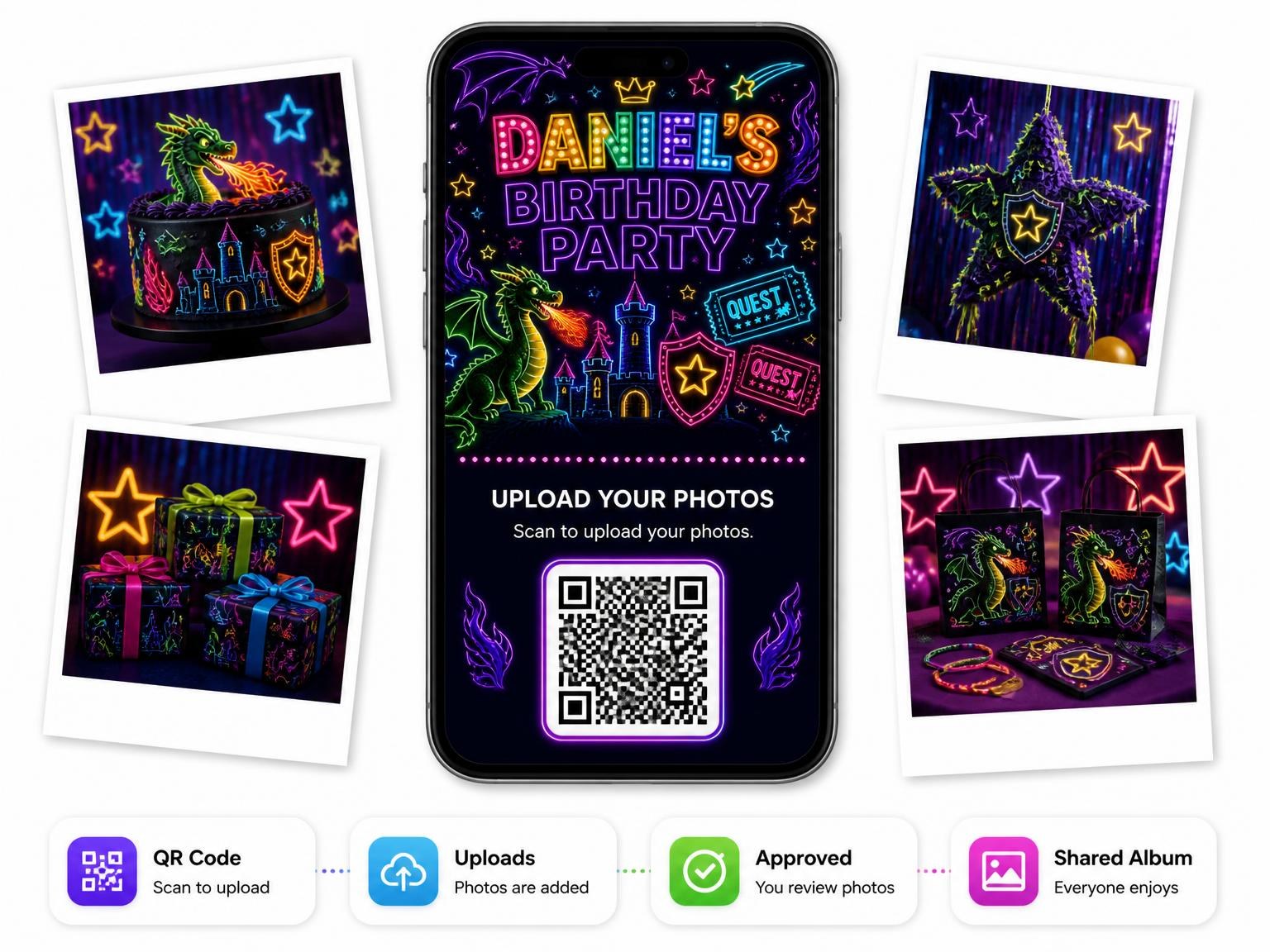 The shared photo gallery that comes with the Neon Dragon 10th Birthday Invitation invitation