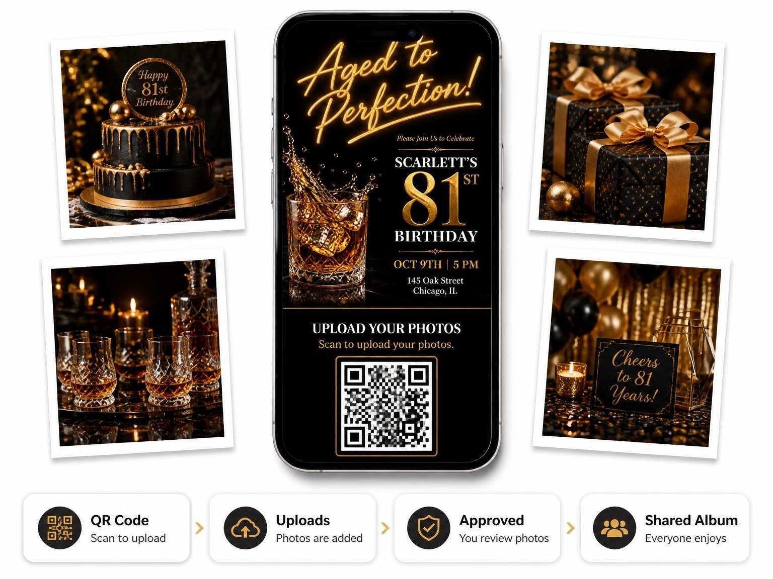 The shared photo gallery that comes with the Whiskey Glass 81st Birthday Invitation invitation