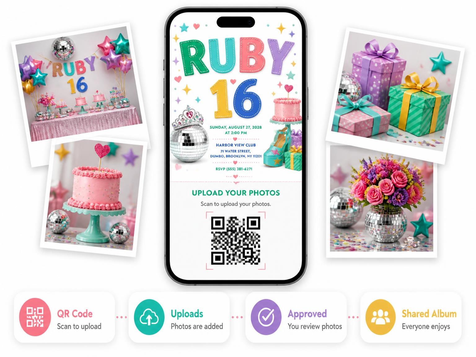 The shared photo gallery that comes with the Disco Ball 16th Birthday Party Invitation invitation