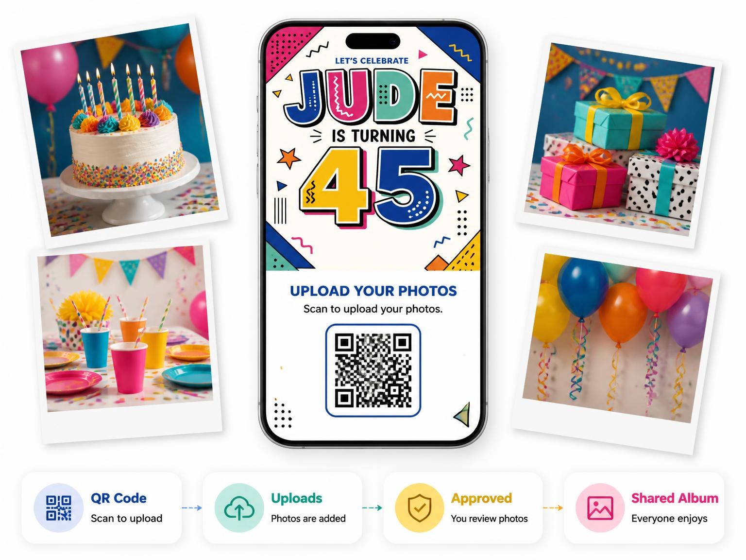 The shared photo gallery that comes with the Memphis Pop 45th Birthday Invitation invitation
